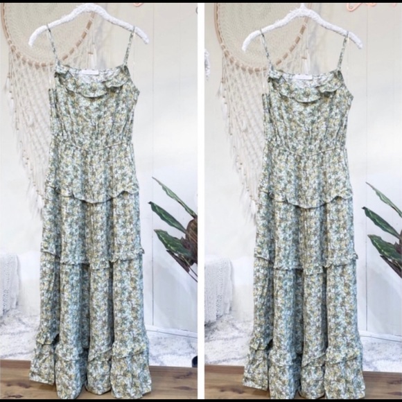 New! Clearance 🔥Sage Floral Tiered Ruffle Adjustable Spaghetti Strap Maxi Dress - Picture 7 of 7